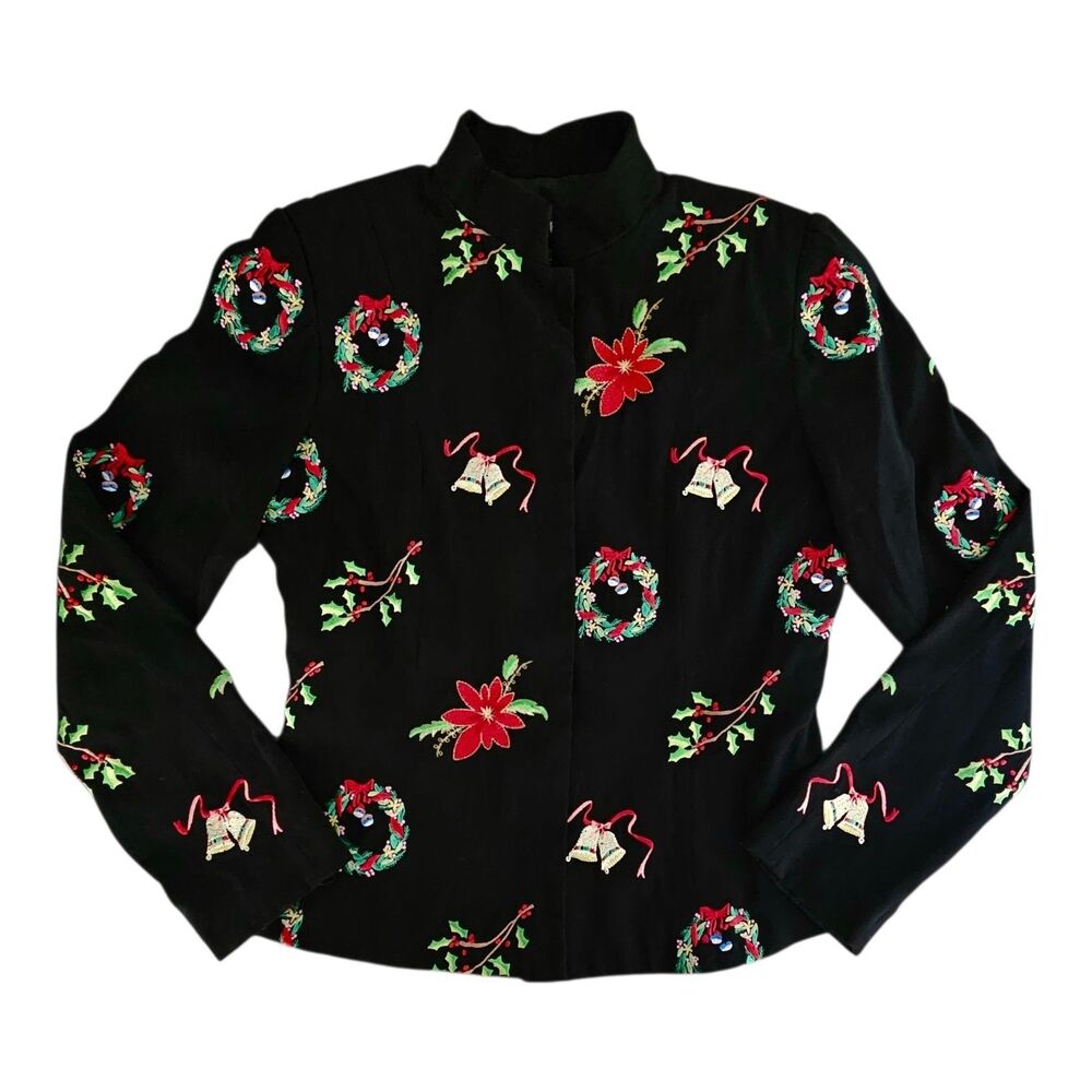 Vtg 90's Christmas Blazer Jacket Women 6 Black Embroidered Wreaths Holly Bells
